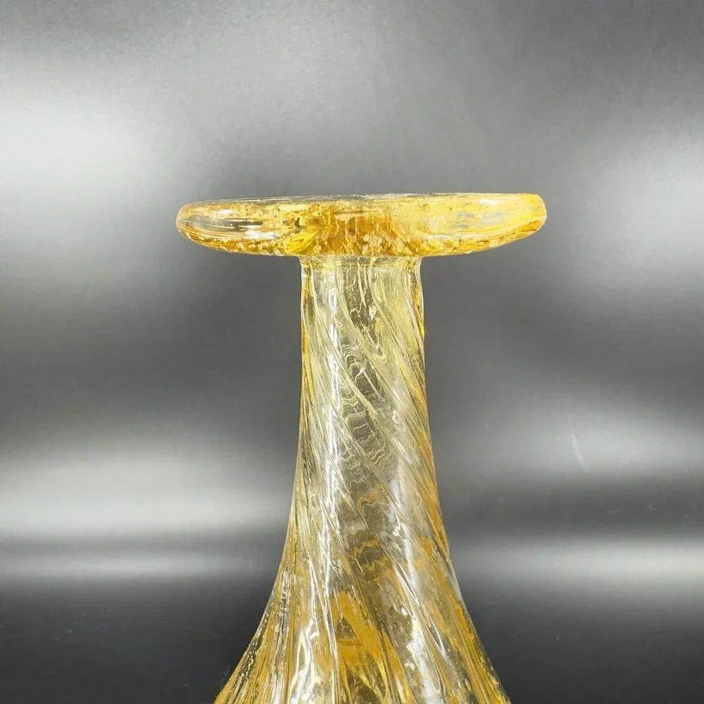 Art Glass Vase Yellow With Twisted Top Small Air Bubbles All Over Glass Vase VTG